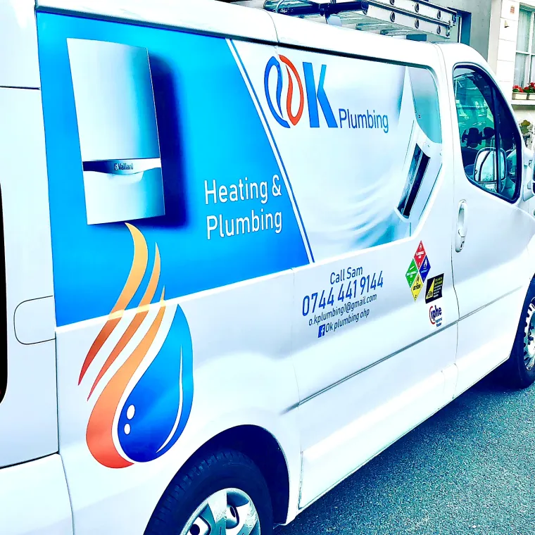 The OK Plumbing and Heating van parked on a London street